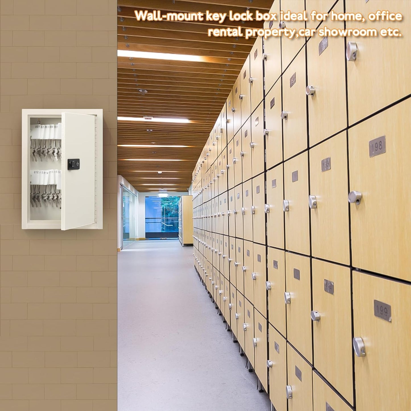 Key Storage Lock Box with Code, Locking Key Cabinet, 40 Key Holder Wall Mount with Combination Lock, Hooks & Tags Labels for Home, Office, Business, 2.5" D X 8.1" W X 12.1" H, White