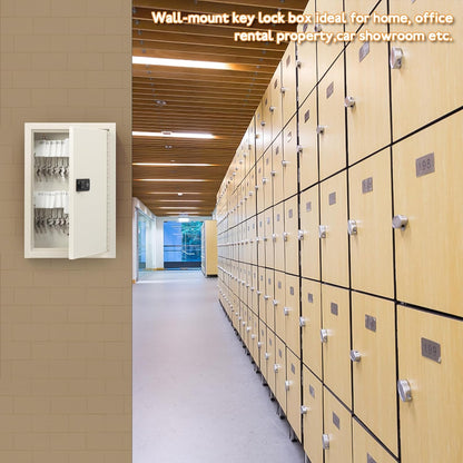 Key Storage Lock Box with Code, Locking Key Cabinet, 40 Key Holder Wall Mount with Combination Lock, Hooks & Tags Labels for Home, Office, Business, 2.5" D X 8.1" W X 12.1" H, White