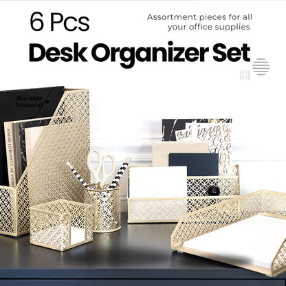 | Gold Desk Organizer Set with Mail Sorter, Sticky Note Holder, Pen Cup, Magazine Holder, Letter Tray & Business Card Holder | Stylish Desk Accessories for Women & Home Office Décor