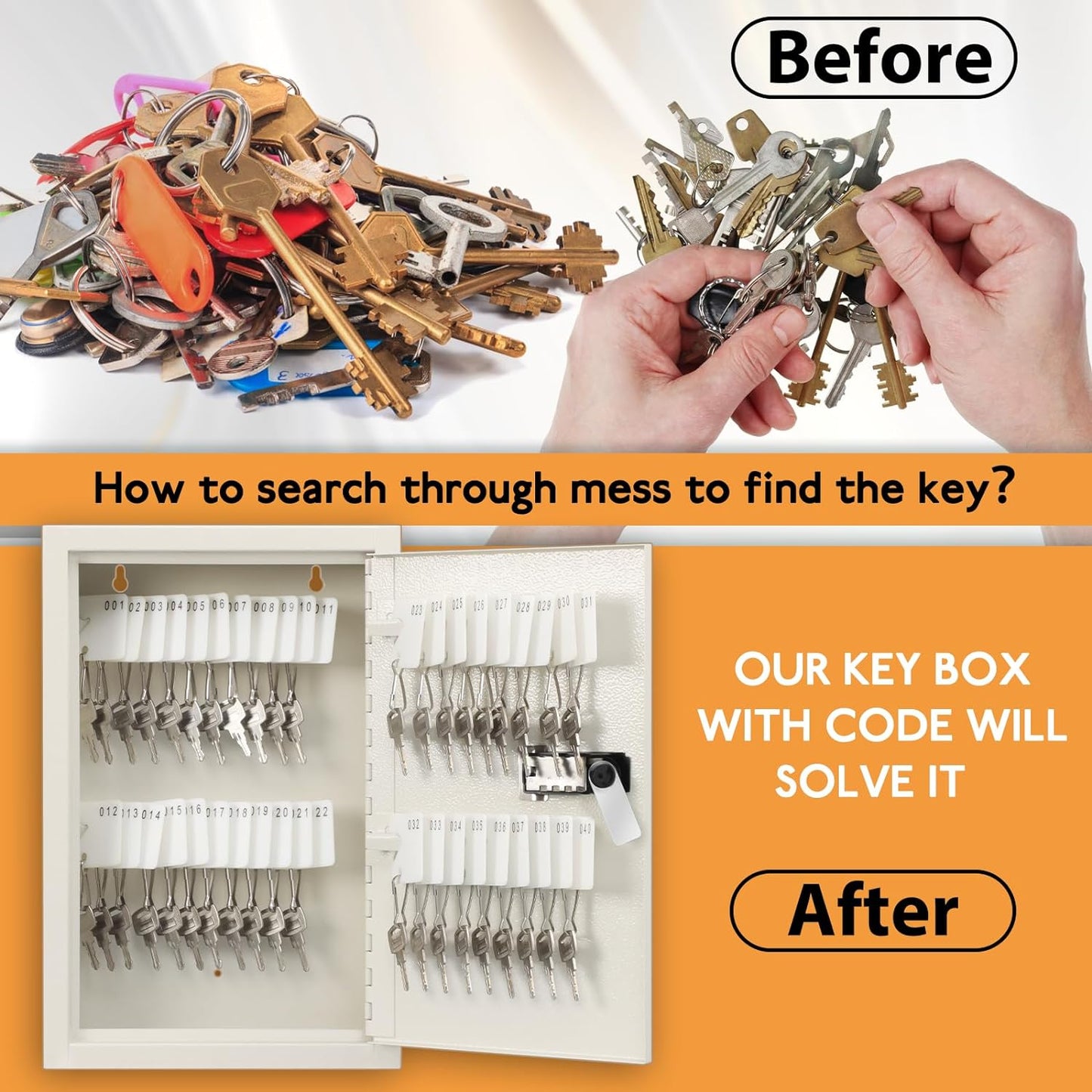 Key Storage Lock Box with Code, Locking Key Cabinet, 40 Key Holder Wall Mount with Combination Lock, Hooks & Tags Labels for Home, Office, Business, 2.5" D X 8.1" W X 12.1" H, White