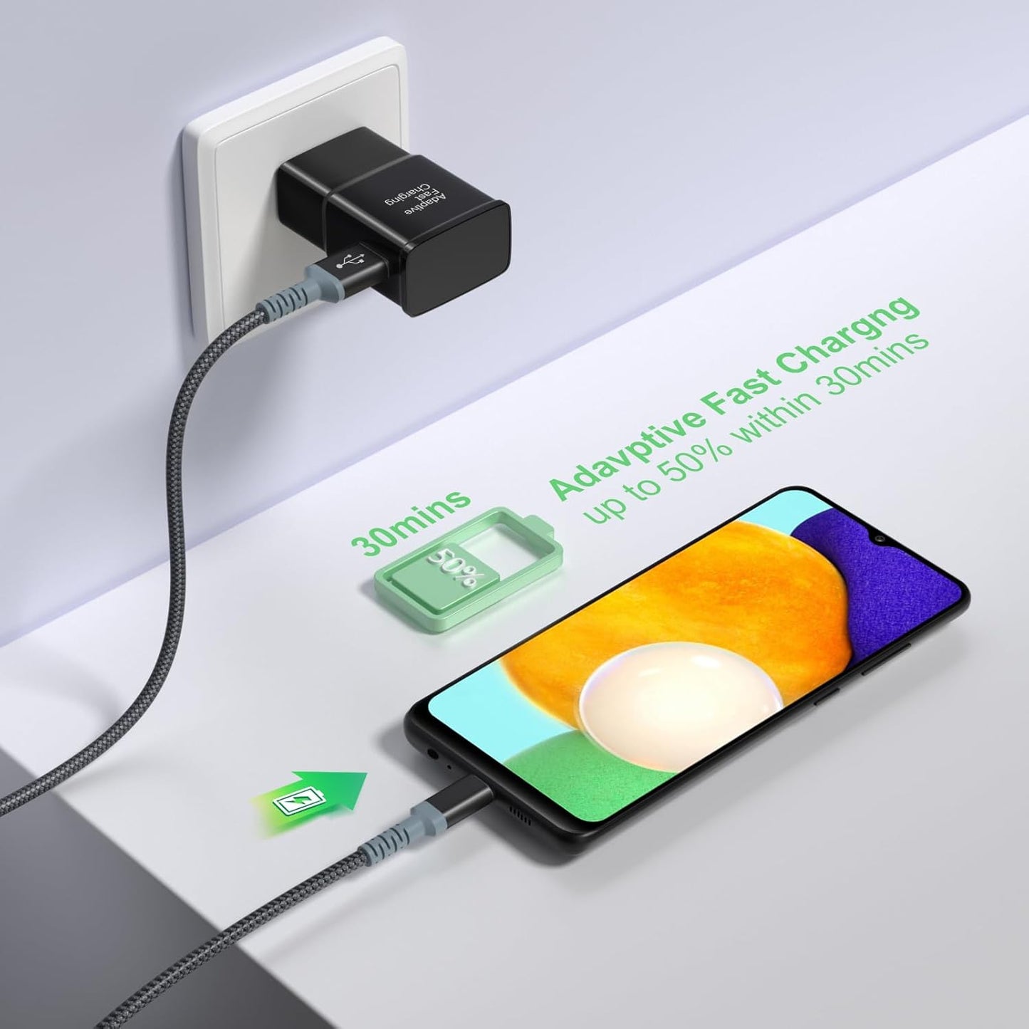 Adaptive Fast Charging Wall Charger with USB C Cable 10Ft,  USB Fast Charger Type C Charger Compatible for Galaxy S25 S24 S23 Ultra A15 A13 A03S A53 S22 S21 S20 S10 S9 Android Phone-2Pack,Black