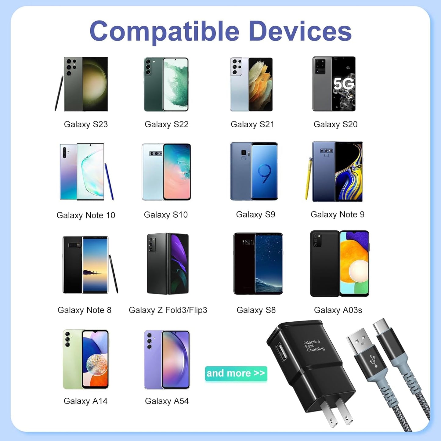 Adaptive Fast Charging Wall Charger with USB C Cable 10Ft,  USB Fast Charger Type C Charger Compatible for Galaxy S25 S24 S23 Ultra A15 A13 A03S A53 S22 S21 S20 S10 S9 Android Phone-2Pack,Black